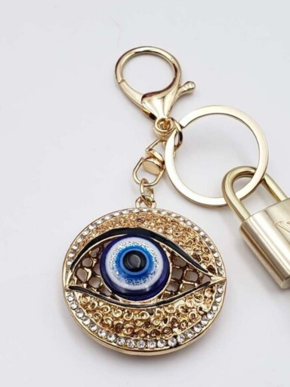 LV Authentic Gold Padlock 🔒 Key Set w/ Unbranded Evil Eye Keychain Charm - Picture 8 of 8